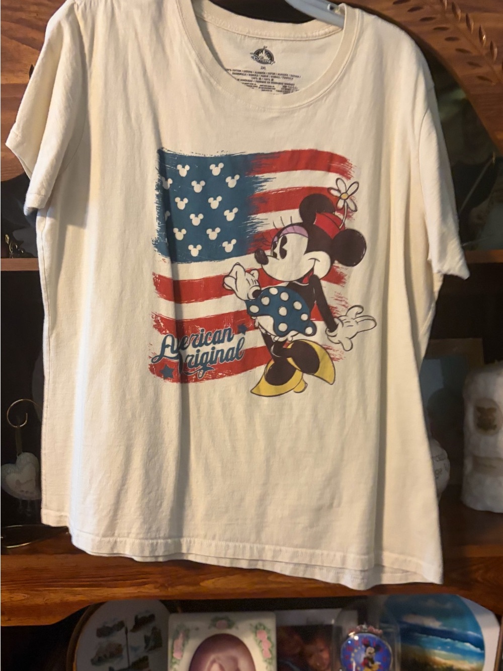 Disney Cream Minnie Mouse American Flag Graphic Tee Shirt